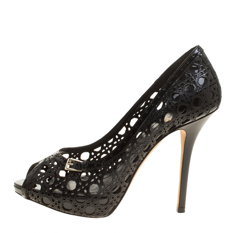 Pre Owned Dior Black Cannage Patent Leather Miss Dior Cut Out Peep Toe Platform Pumps Size 38.5