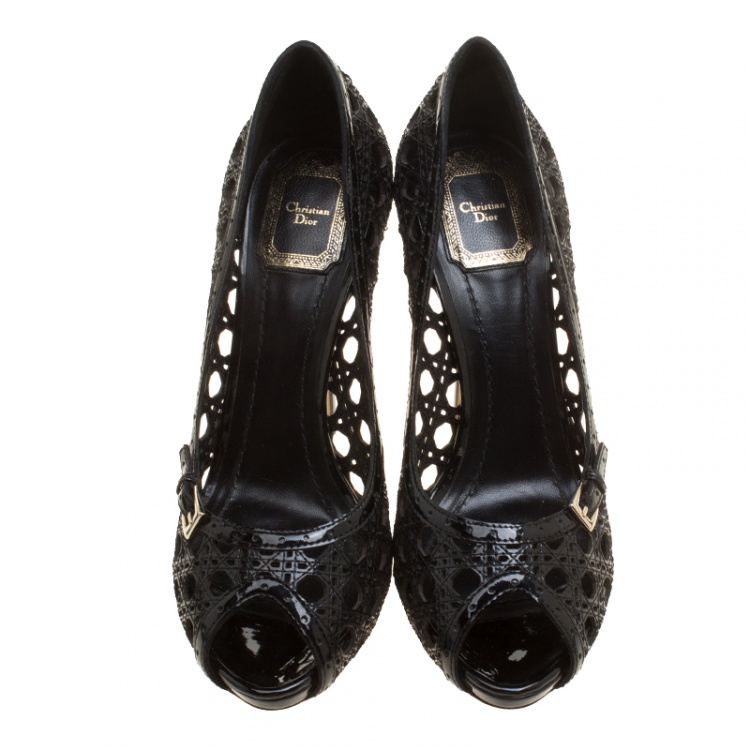Pre Owned Dior Black Cannage Patent Leather Miss Dior Cut Out Peep Toe Platform Pumps Size 38.5