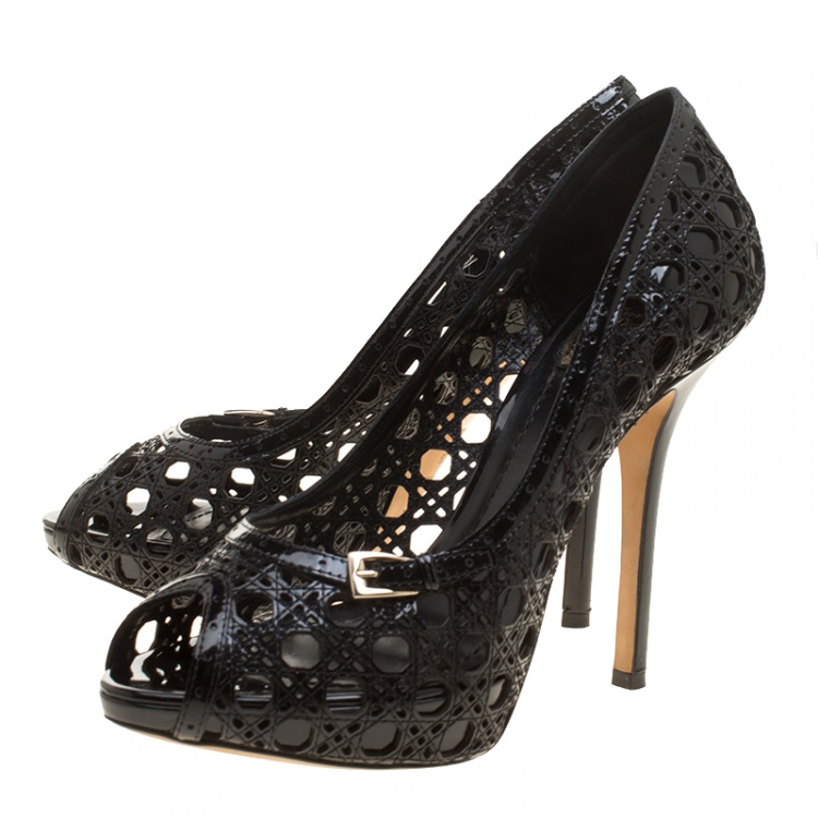 Pre Owned Dior Black Cannage Patent Leather Miss Dior Cut Out Peep Toe Platform Pumps Size 38.5