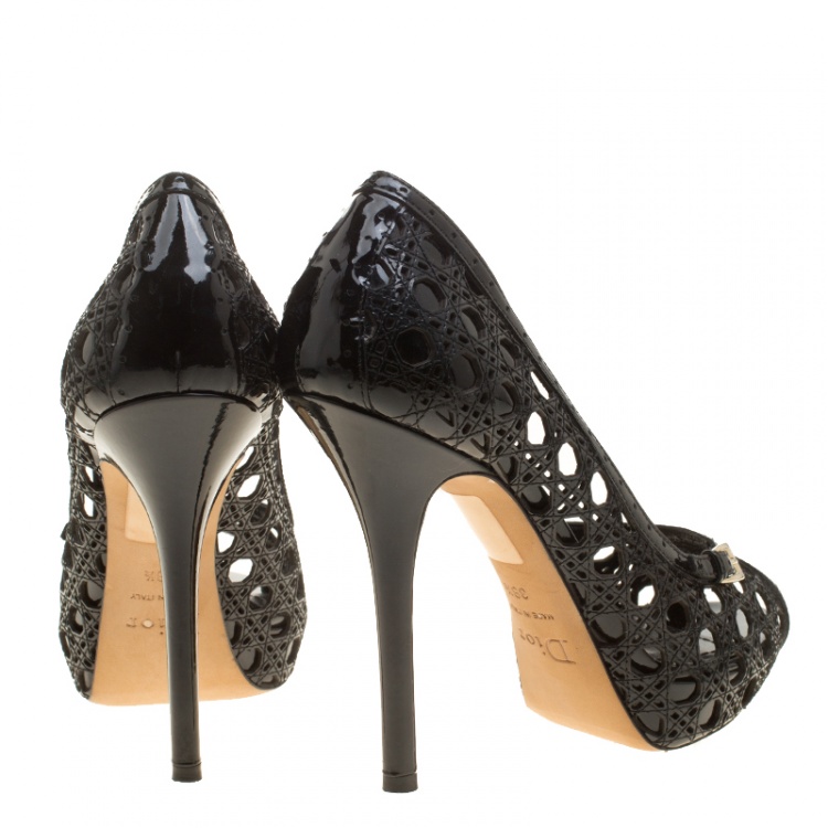 Pre Owned Dior Black Cannage Patent Leather Miss Dior Cut Out Peep Toe Platform Pumps Size 38.5