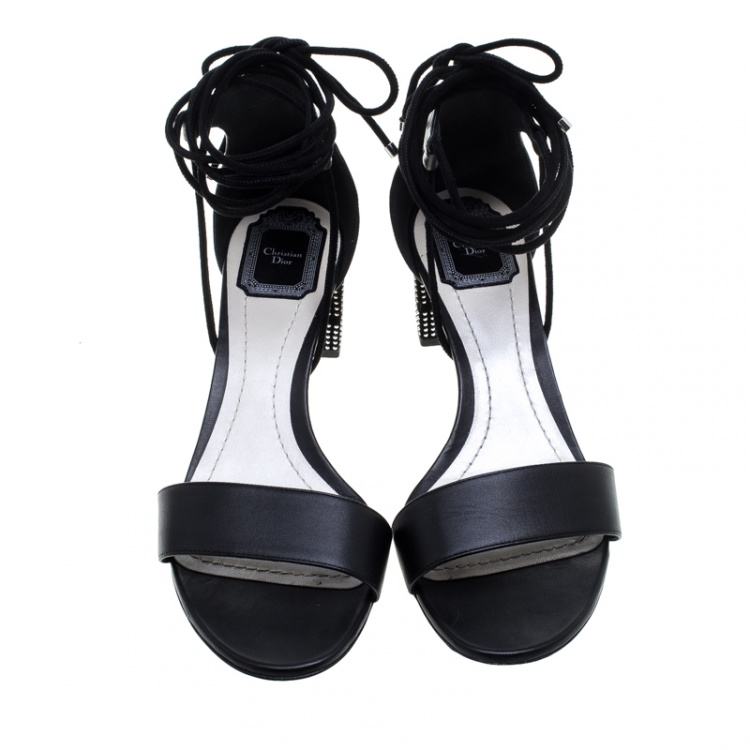 Pre Owned Dior Black Leather Rainbow Stellar Block Heel Lace Up Sandals Size 40.5 