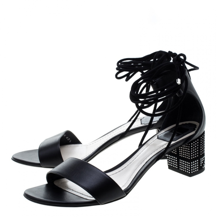 Pre Owned Dior Black Leather Rainbow Stellar Block Heel Lace Up Sandals Size 40.5 
