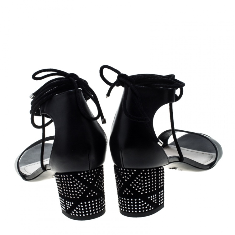 Pre Owned Dior Black Leather Rainbow Stellar Block Heel Lace Up Sandals Size 40.5 