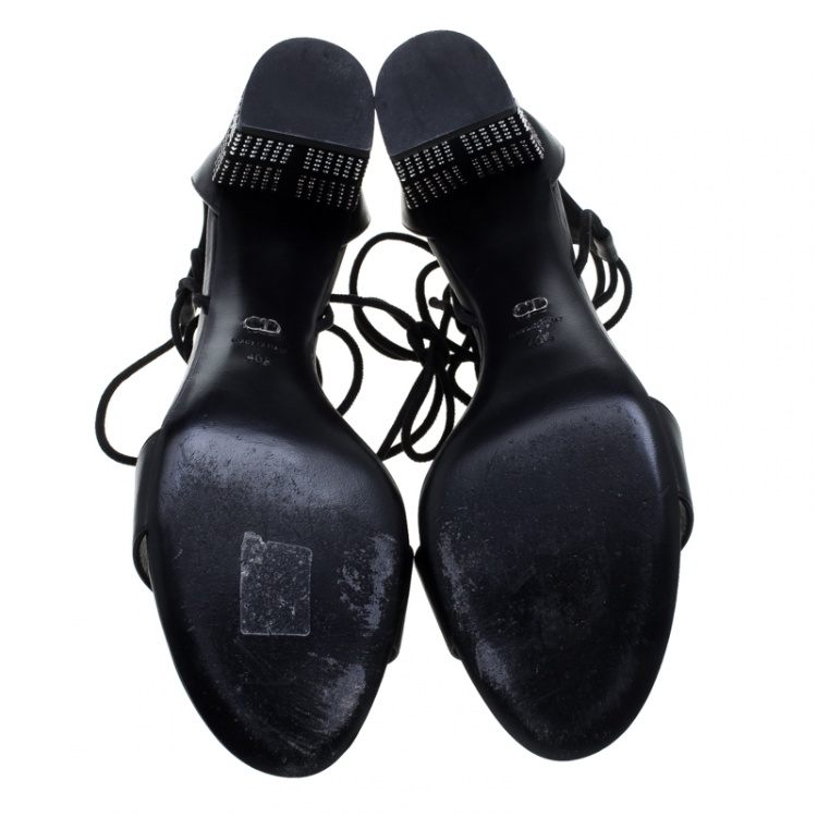 Pre Owned Dior Black Leather Rainbow Stellar Block Heel Lace Up Sandals Size 40.5 