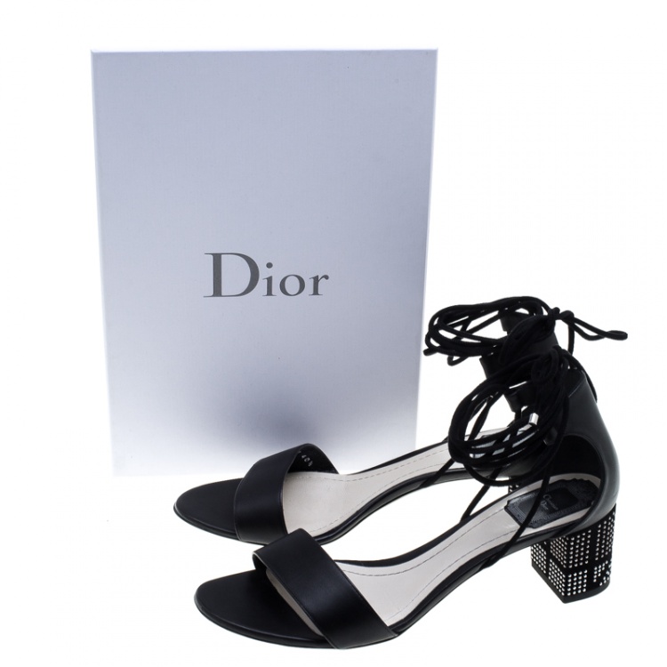 Pre Owned Dior Black Leather Rainbow Stellar Block Heel Lace Up Sandals Size 40.5 