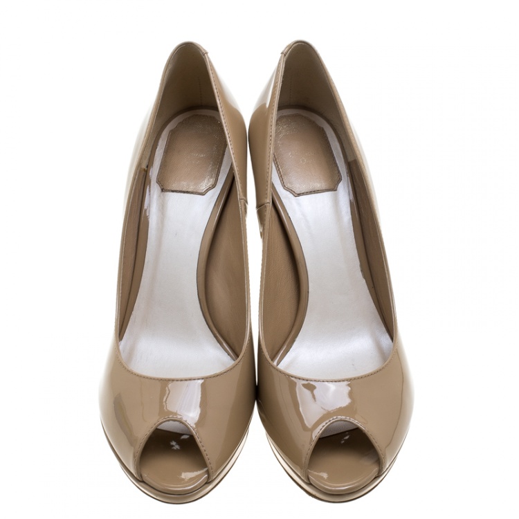 Pre Owned Dior Beige Patent Leather Miss Dior Peep Toe Platform Pumps Size 39