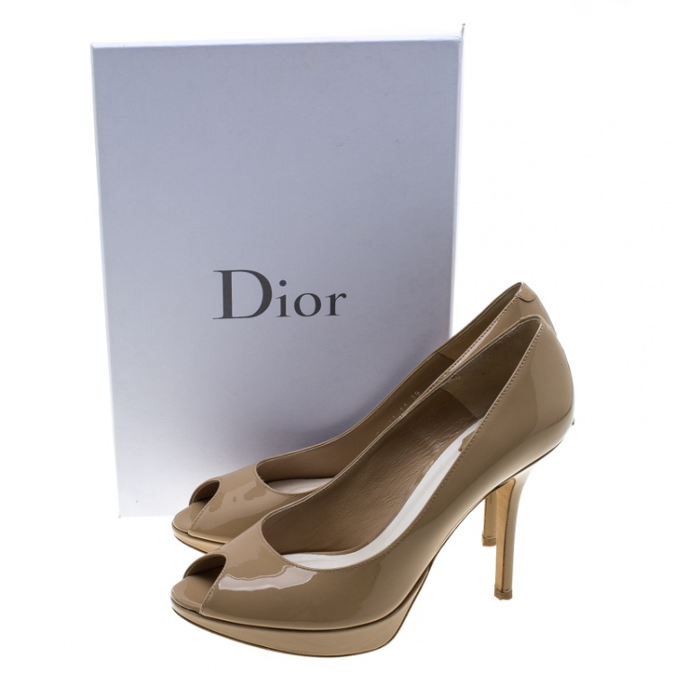 Pre Owned Dior Beige Patent Leather Miss Dior Peep Toe Platform Pumps Size 39