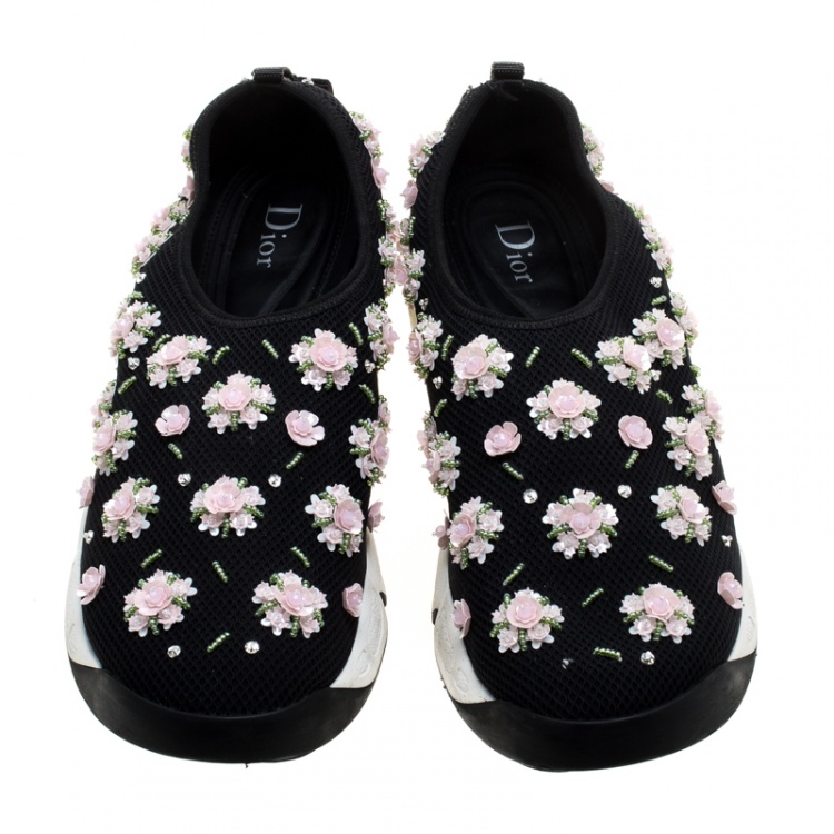 Pre Owned Dior Black Mesh Fusion Floral Embellished Slip On Sneakers Size 41