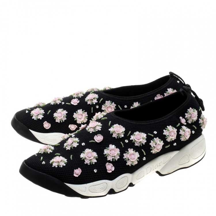 Pre Owned Dior Black Mesh Fusion Floral Embellished Slip On Sneakers Size 41