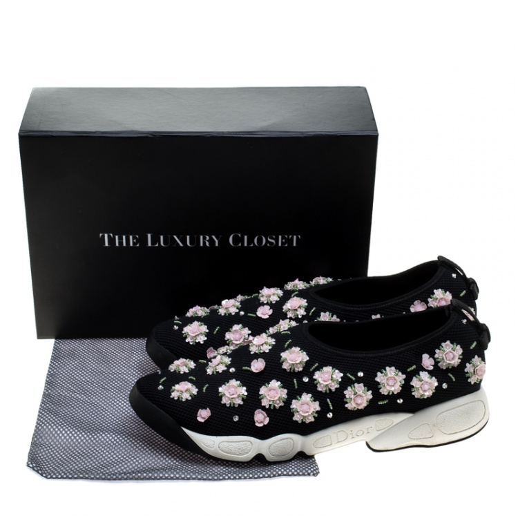 Pre Owned Dior Black Mesh Fusion Floral Embellished Slip On Sneakers Size 41