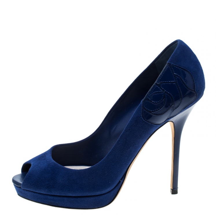 Pre Owned Dior Blue Suede and Patent Leather Miss Dior Peep Toe Platform Pumps Size 38.5