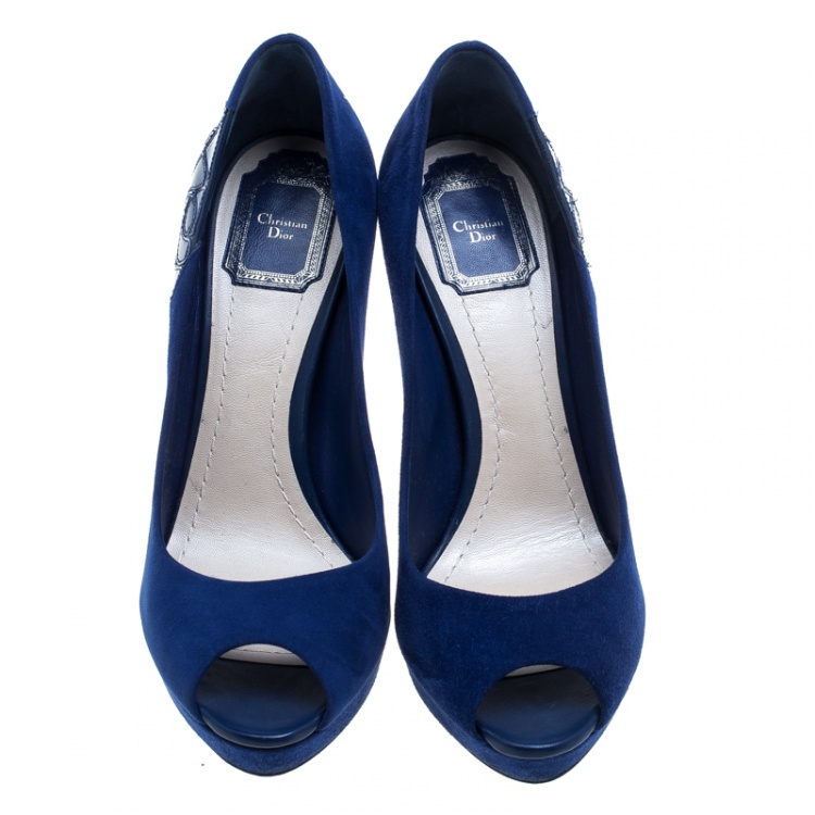 Pre Owned Dior Blue Suede and Patent Leather Miss Dior Peep Toe Platform Pumps Size 38.5