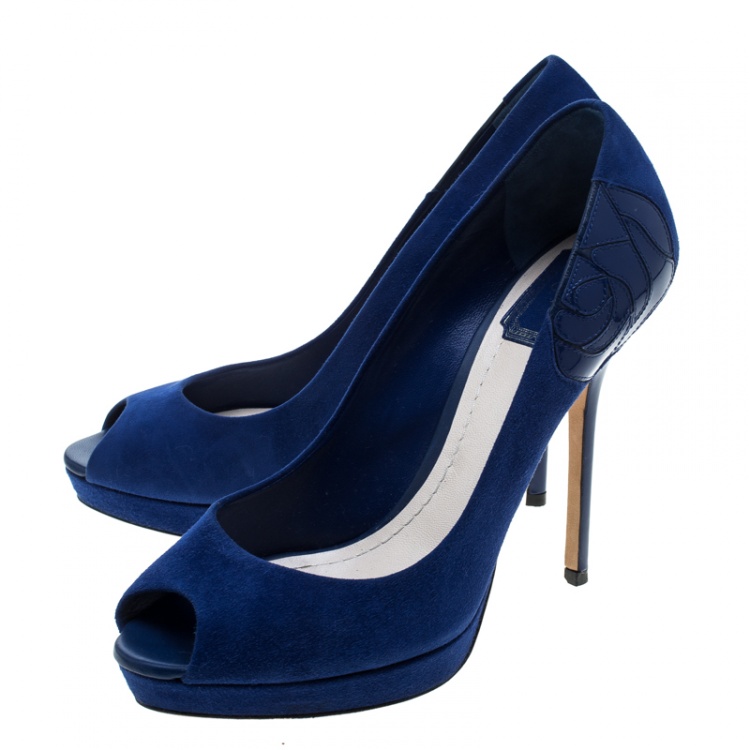 Pre Owned Dior Blue Suede and Patent Leather Miss Dior Peep Toe Platform Pumps Size 38.5