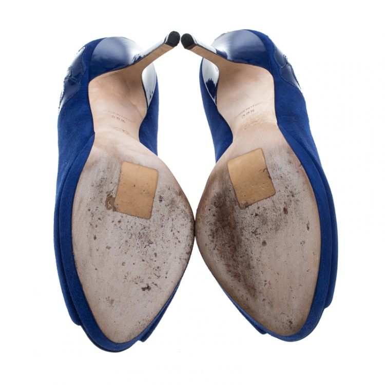Pre Owned Dior Blue Suede and Patent Leather Miss Dior Peep Toe Platform Pumps Size 38.5