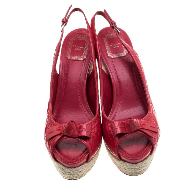 Pre Owned Dior Coral Red Patent Cannage Leather Espadrille Wedge Peep Toe Slingback Sandals Size 40