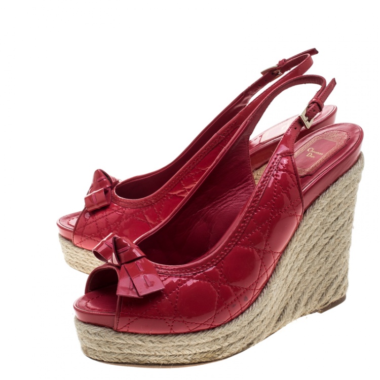 Pre Owned Dior Coral Red Patent Cannage Leather Espadrille Wedge Peep Toe Slingback Sandals Size 40