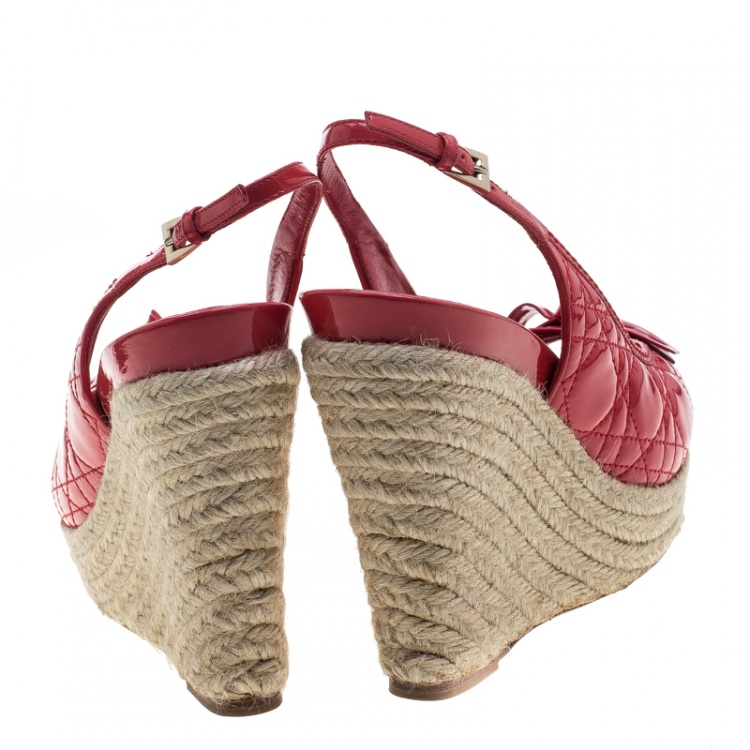 Pre Owned Dior Coral Red Patent Cannage Leather Espadrille Wedge Peep Toe Slingback Sandals Size 40