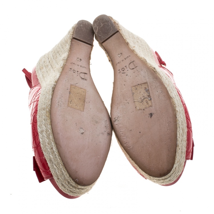 Pre Owned Dior Coral Red Patent Cannage Leather Espadrille Wedge Peep Toe Slingback Sandals Size 40
