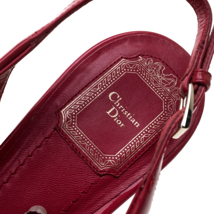 Pre Owned Dior Coral Red Patent Cannage Leather Espadrille Wedge Peep Toe Slingback Sandals Size 40