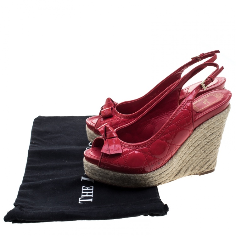 Pre Owned Dior Coral Red Patent Cannage Leather Espadrille Wedge Peep Toe Slingback Sandals Size 40