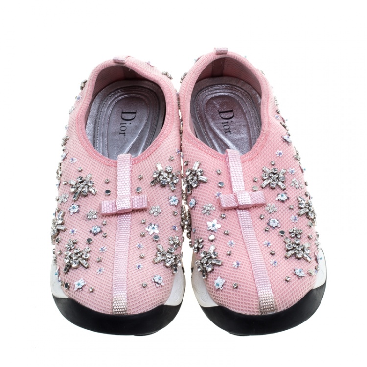 Pre Owned Dior Pink Mesh Fusion Crystal Embellished Sneakers Size 40