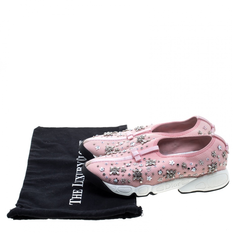 Pre Owned Dior Pink Mesh Fusion Crystal Embellished Sneakers Size 40