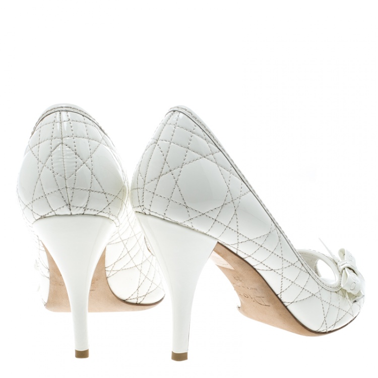 Pre Owned Christian Dior White Patent Cannage Leather Bow Detail Peep Toe Pumps Size 39
