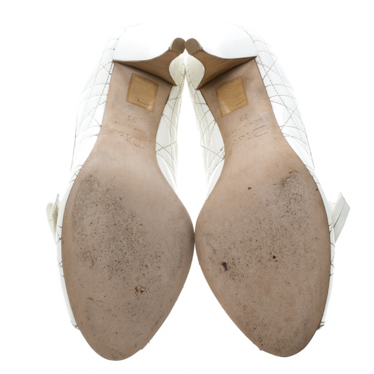 Pre Owned Christian Dior White Patent Cannage Leather Bow Detail Peep Toe Pumps Size 39