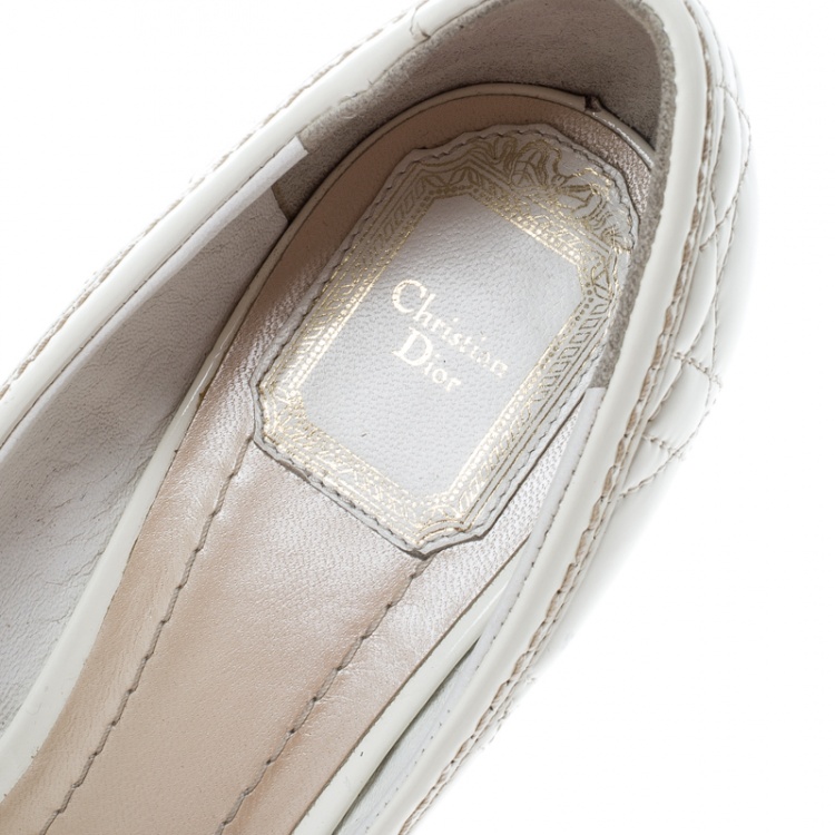 Pre Owned Christian Dior White Patent Cannage Leather Bow Detail Peep Toe Pumps Size 39