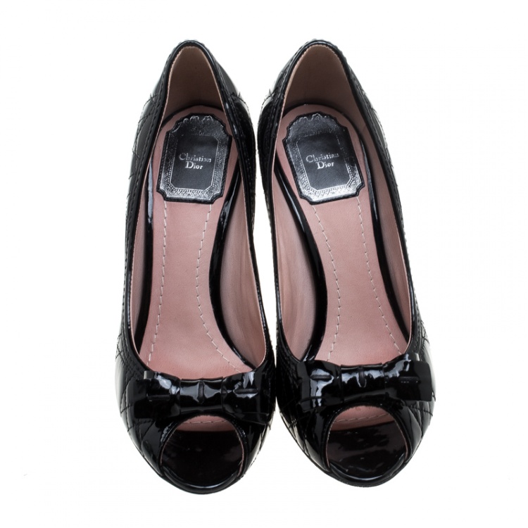 Pre Owned Christian Dior Black Patent Cannage Leather Bow Peep Toe Pumps Size 36.5