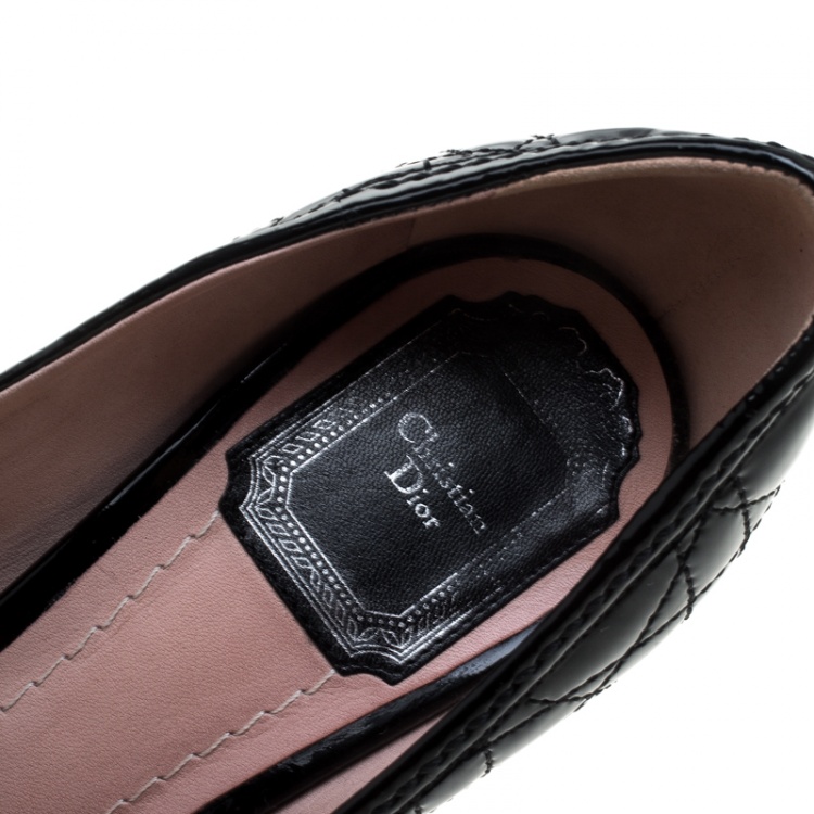 Pre Owned Christian Dior Black Patent Cannage Leather Bow Peep Toe Pumps Size 36.5
