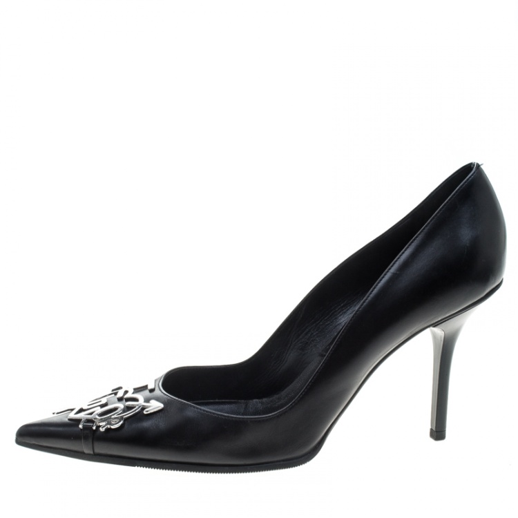 Pre Owned Dior Black Leather Dior Plaque Pointed Toe Pumps Size 36.5