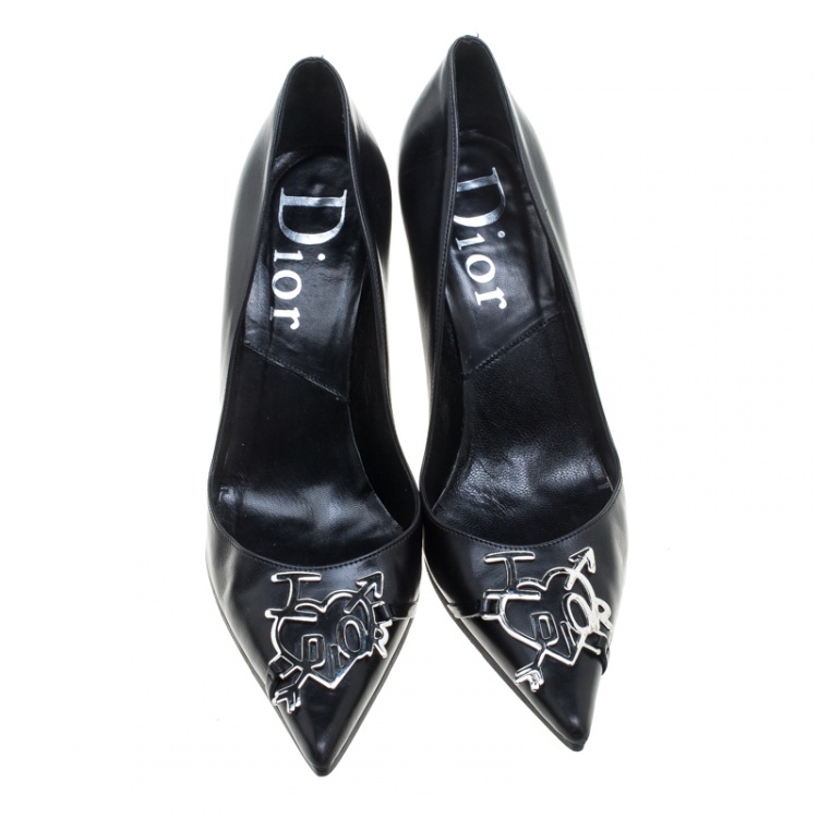 Pre Owned Dior Black Leather Dior Plaque Pointed Toe Pumps Size 36.5