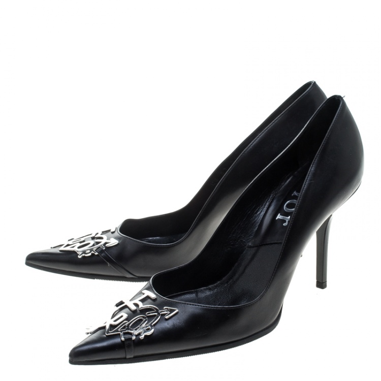 Pre Owned Dior Black Leather Dior Plaque Pointed Toe Pumps Size 36.5