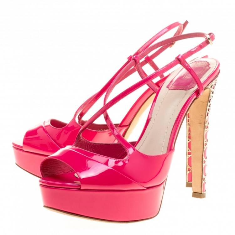 Dior Fuchsia Pink Patent Cannage Heel Cross Strap Platform Sandals Size ...