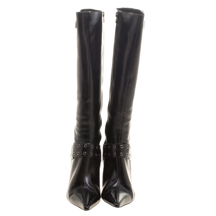 Pre Owned Dior Black Leather Eyelet Detail Pointed Toe Knee High Boots Size 40.5