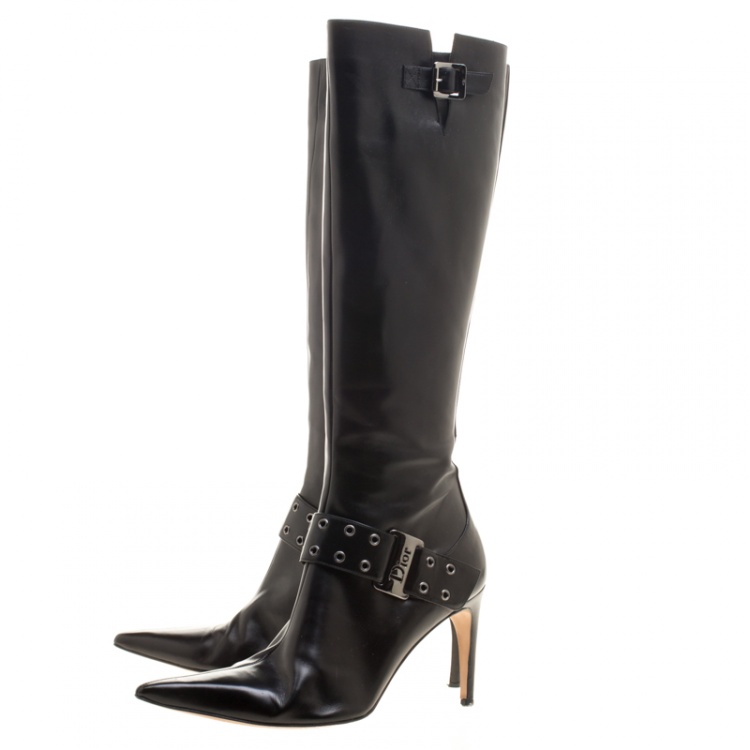 Pre Owned Dior Black Leather Eyelet Detail Pointed Toe Knee High Boots Size 40.5