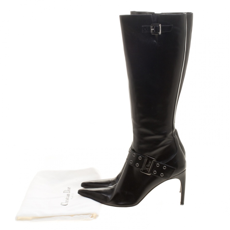 Pre Owned Dior Black Leather Eyelet Detail Pointed Toe Knee High Boots Size 40.5