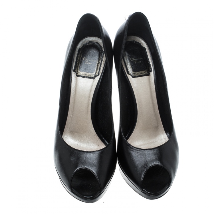 Pre Owned Dior Black Leather Miss Dior Peep Toe Platform Pumps Size 37.5