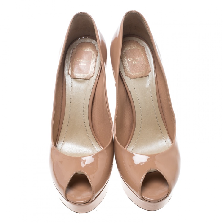 Pre Owned Dior Blush Pink Patent Leather Peep Toe Cannage Heel Platform Pumps Size 38.5