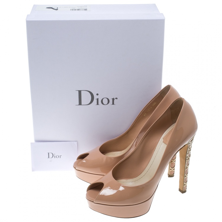 Pre Owned Dior Blush Pink Patent Leather Peep Toe Cannage Heel Platform Pumps Size 38.5