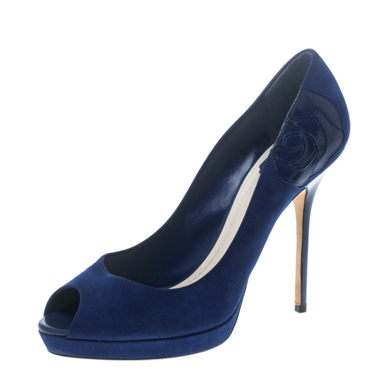 Pre Owned Dior Blue Suede and Patent Leather Miss Dior Peep Toe Platform Pumps Size 41.5