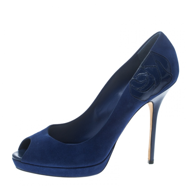 Pre Owned Dior Blue Suede and Patent Leather Miss Dior Peep Toe Platform Pumps Size 41.5