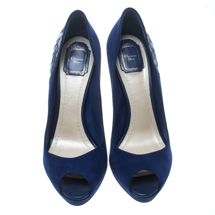 Pre Owned Dior Blue Suede and Patent Leather Miss Dior Peep Toe Platform Pumps Size 41.5