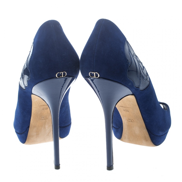 Pre Owned Dior Blue Suede and Patent Leather Miss Dior Peep Toe Platform Pumps Size 41.5