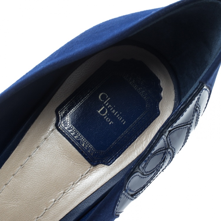 Pre Owned Dior Blue Suede and Patent Leather Miss Dior Peep Toe Platform Pumps Size 41.5