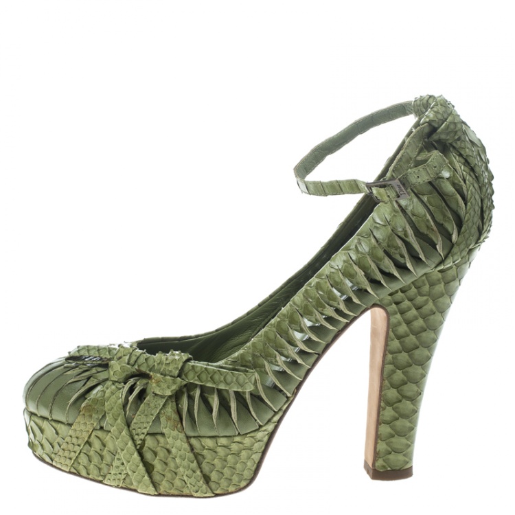 Pre Owned Dior Green Python Leather Knot Detail Ankle Strap Platform Pumps Size 36