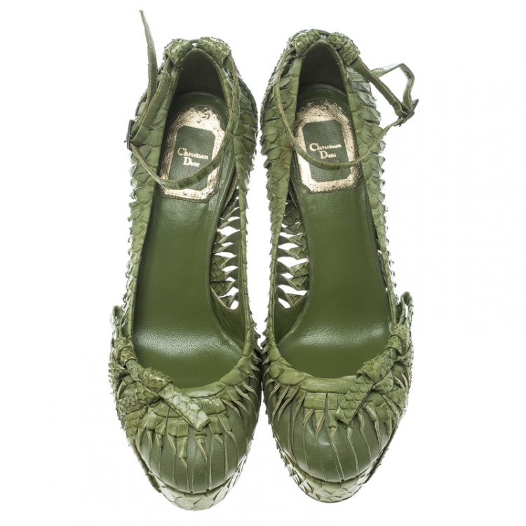Pre Owned Dior Green Python Leather Knot Detail Ankle Strap Platform Pumps Size 36