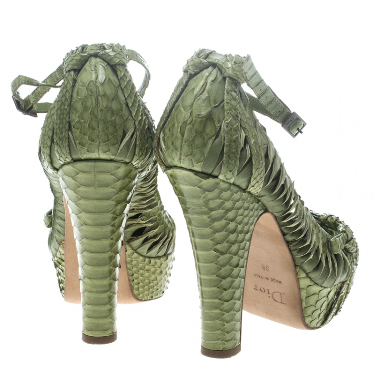 Pre Owned Dior Green Python Leather Knot Detail Ankle Strap Platform Pumps Size 36