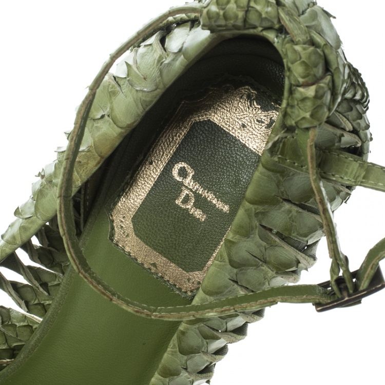 Pre Owned Dior Green Python Leather Knot Detail Ankle Strap Platform Pumps Size 36